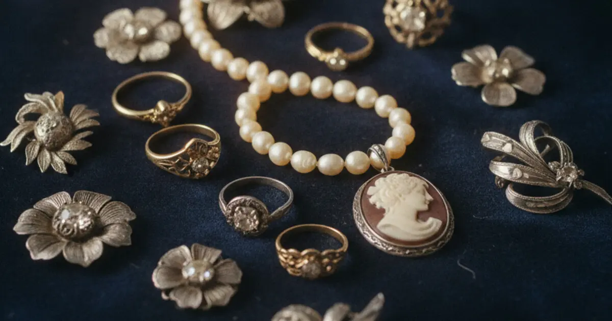 Vintage Cameo Pendant Necklace with Assorted Floral Rings and Brooches