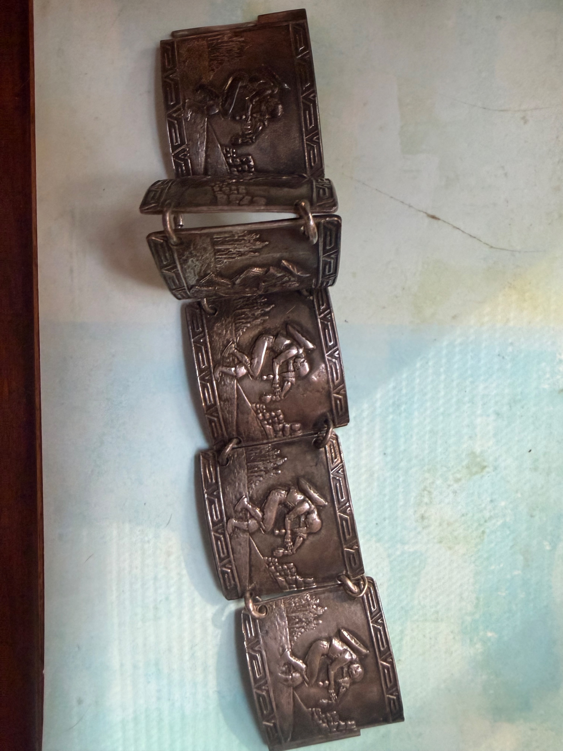Vintage Mexican Silver Link Bracelet with Engraved Scenes